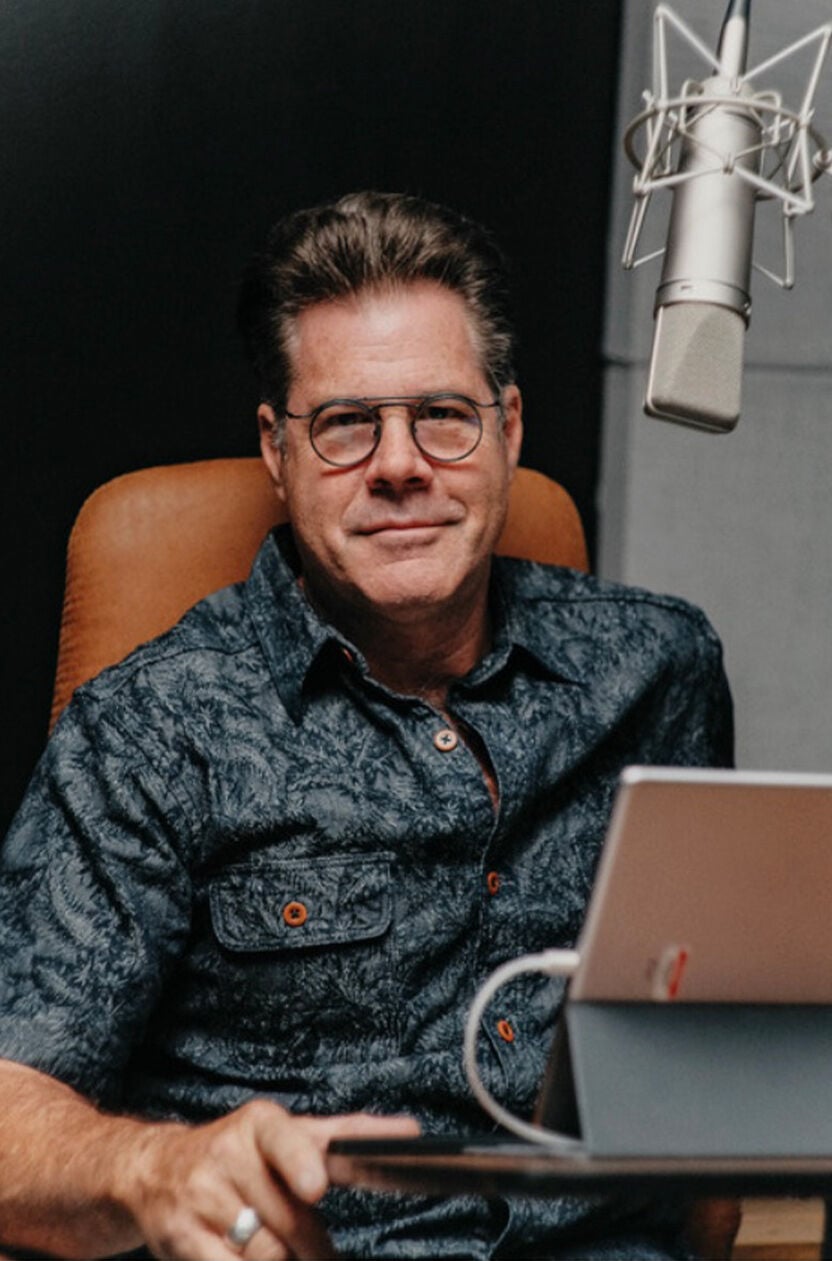 Robert Brighton recording a voiceover for his book